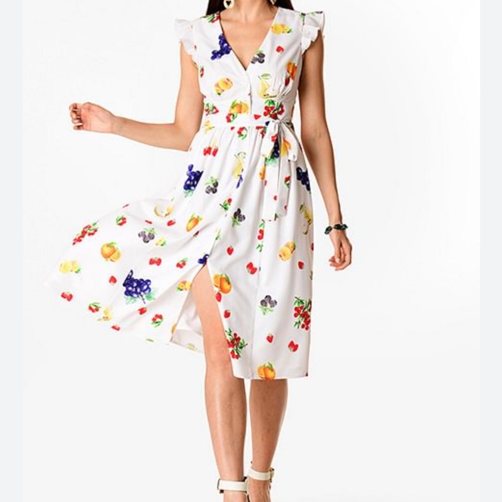 White Wayward Fancies Fruit Tie waist Dress eShakti White Medium Midi